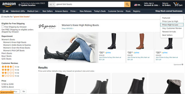 Screenshot from Amazon.com showing selection of women's boots.